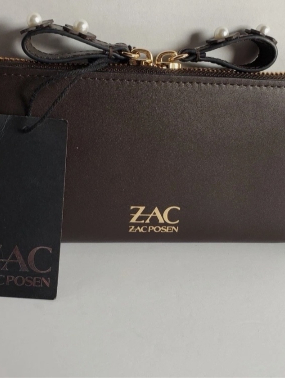 ZAC Zac Posen Brown Bow-Accent Zip Wallet
